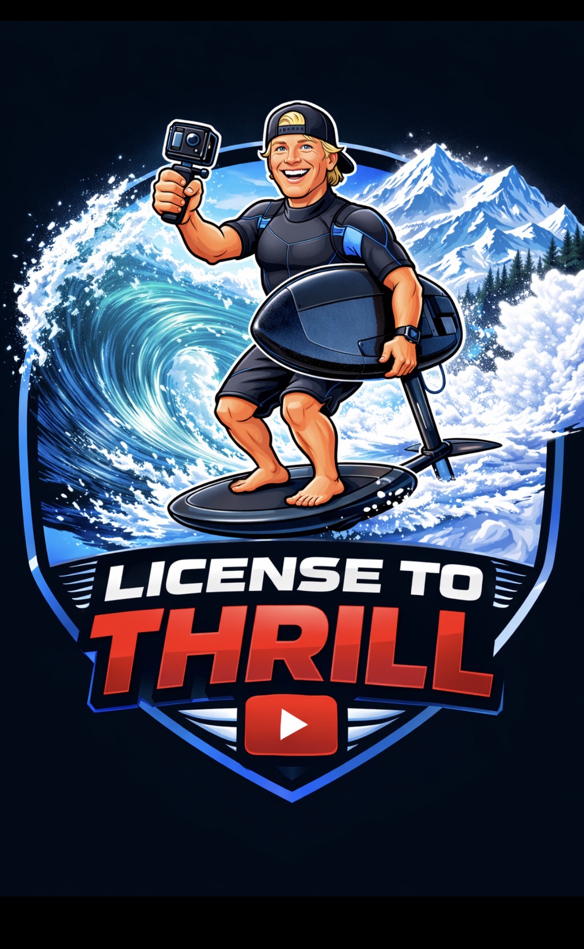 License To Thrill logo: cartoon Tommy riding a foil board with an action cam, a big wave and snowy mountains behind him