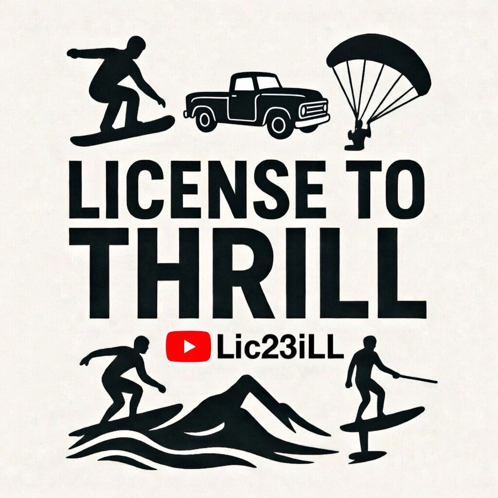 Lic23iLL logo with silhouettes of a snowboarder, pickup truck, paraglider, surfer and foiler